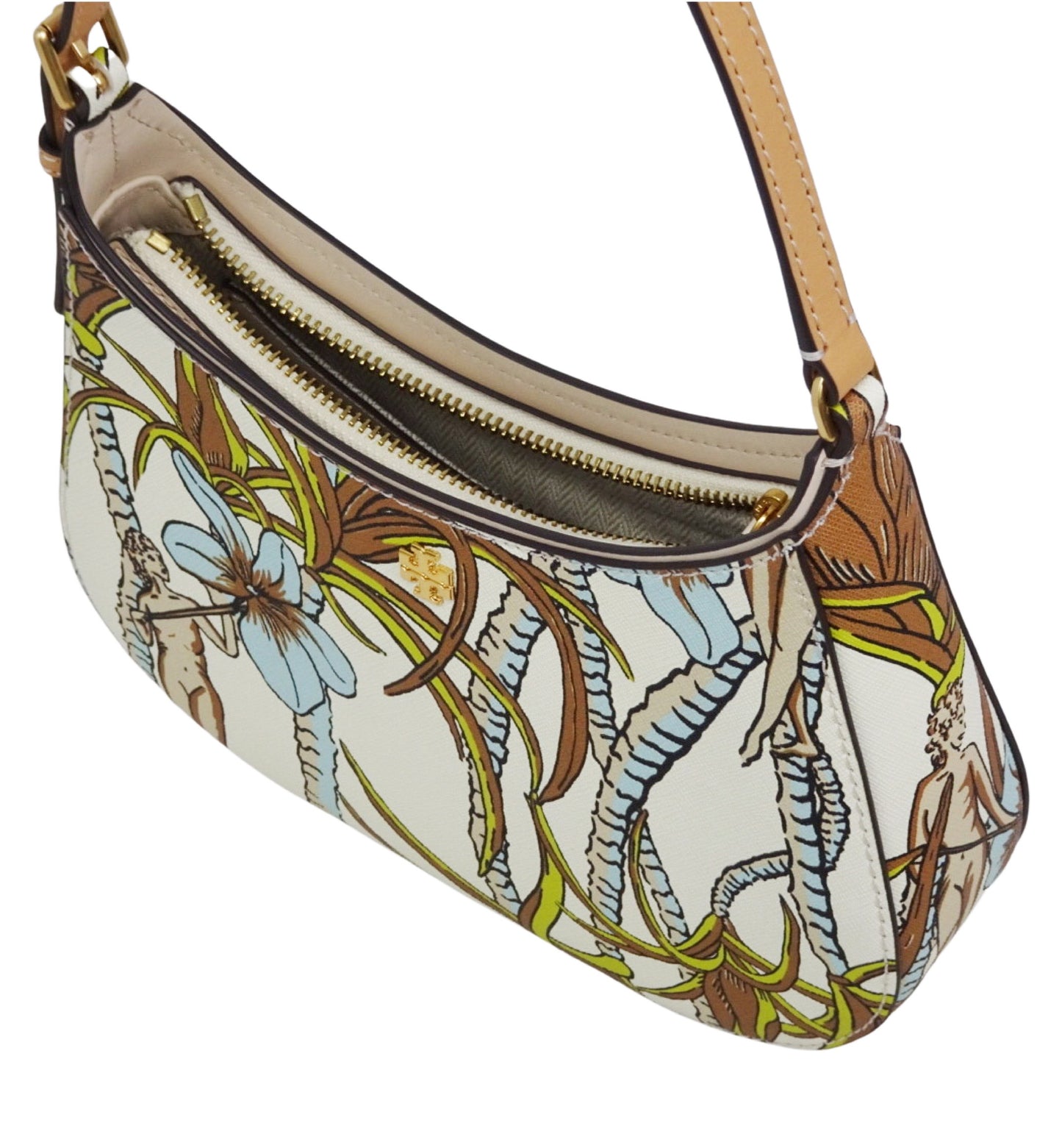 Tory Burch Cream Brown Climbing Palms Emerson Printed Zip Shoulder Bag