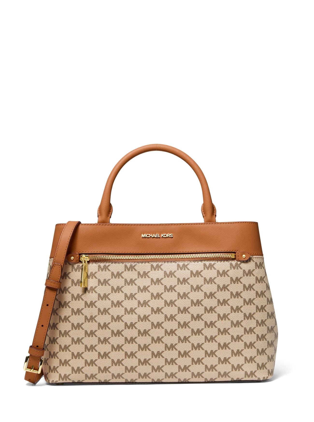 title:Michael Kors Women's Natural & Luggage Hailee Large Logo Satchel;color:Natural / Luggage