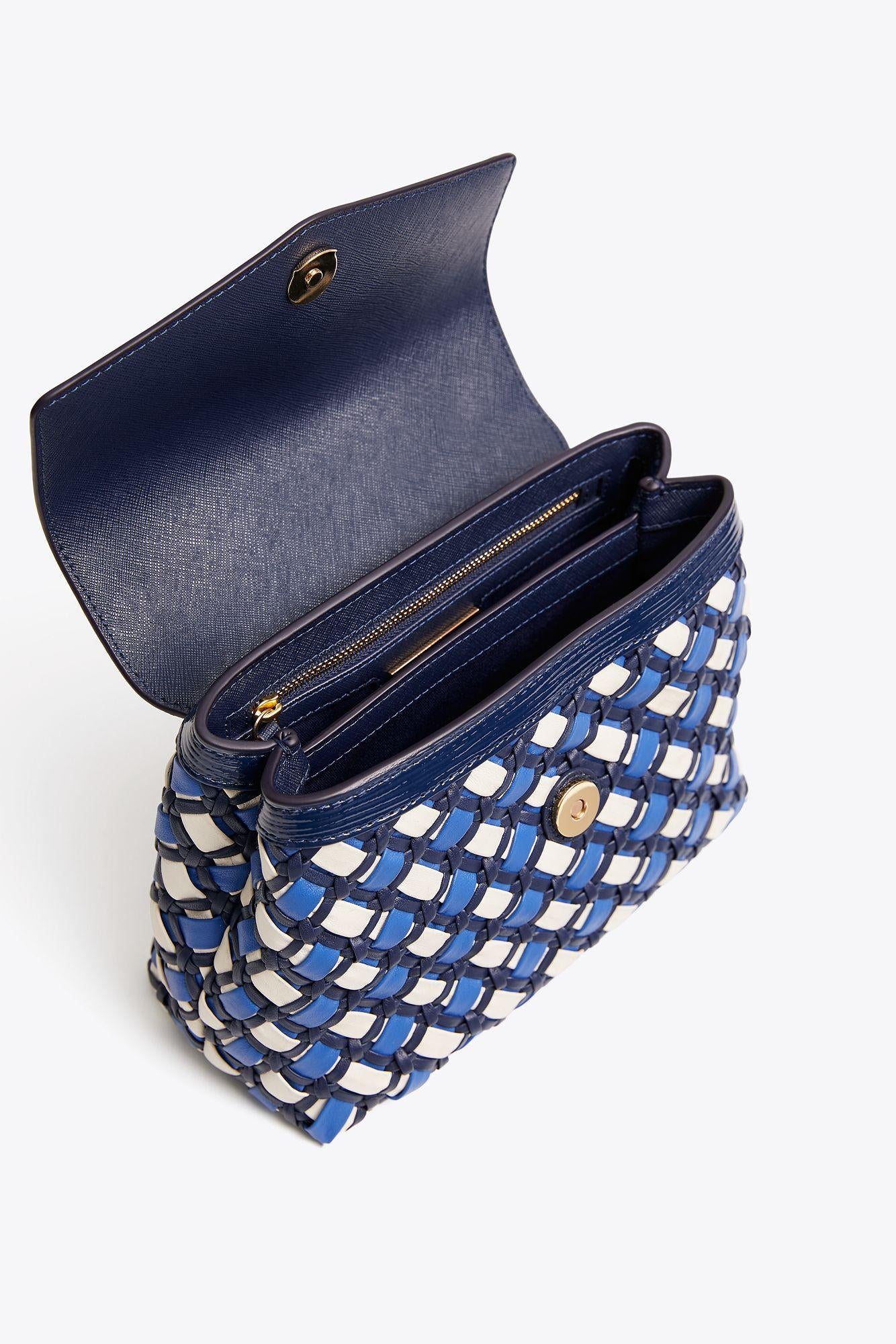 Tory Burch Royal Navy Robinson Woven Small Top-Handle Satchel