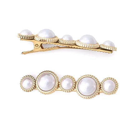 title:2 Pack Gold Pearl Barrettes;color:Gold And White Pearls