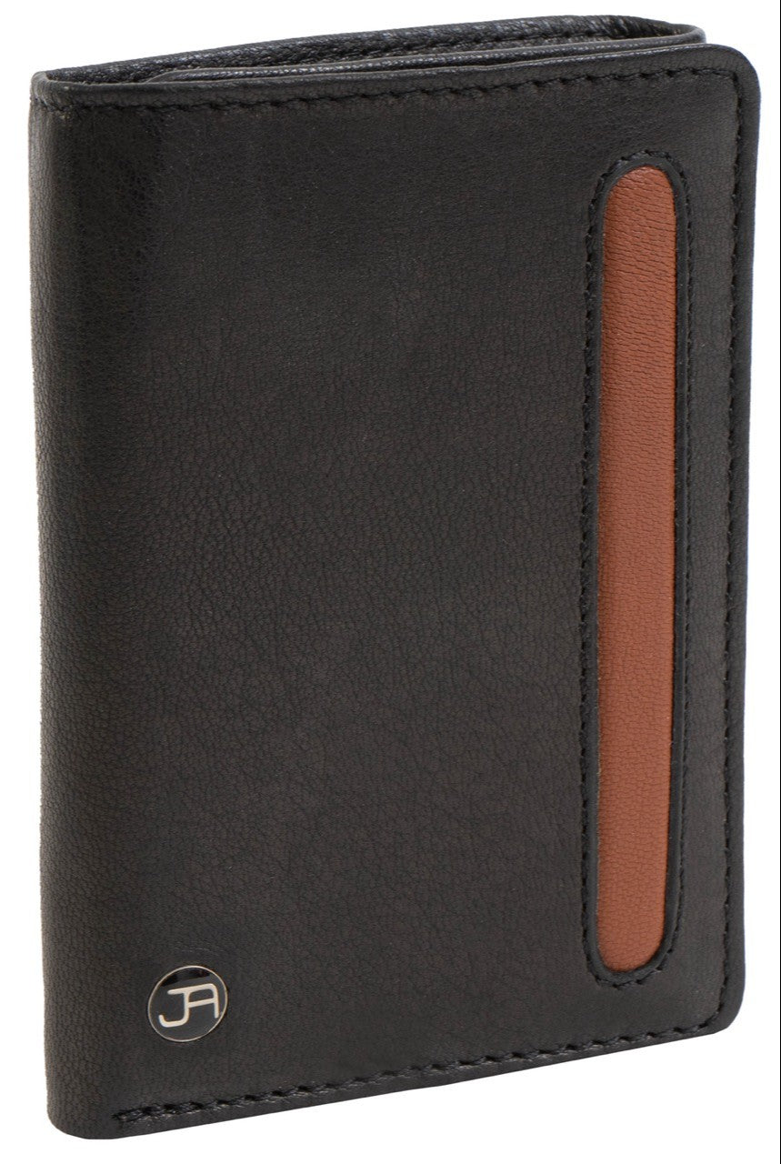 title:Jack Abrahams Tri-Fold RFID Wallet With ID Window Pocket;color:Black/Cognac