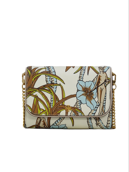 title:Tory Burch Cream Brown Climbing Palms Emerson Printed Chain Wallet;color:Cream Brown Climbing Palms