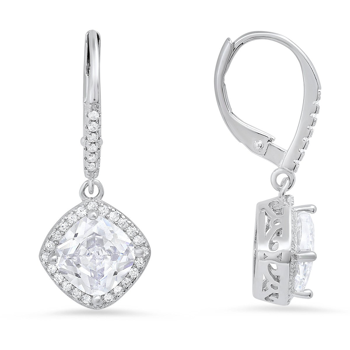 title:Sterling Silver Cushion-cut Halo CZ Leverback Earrings;color:not applicable