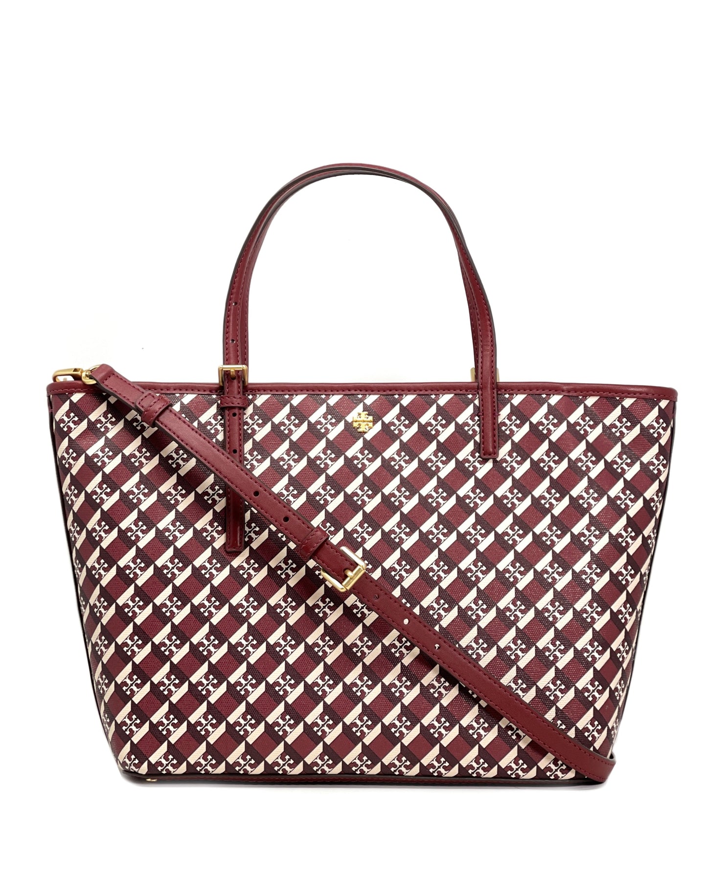 title:Tory Burch Crimson Red Geo Logo Allover Geo Logo Mini Zip Top Tote;color:Crimson Red Geo Logo Allover