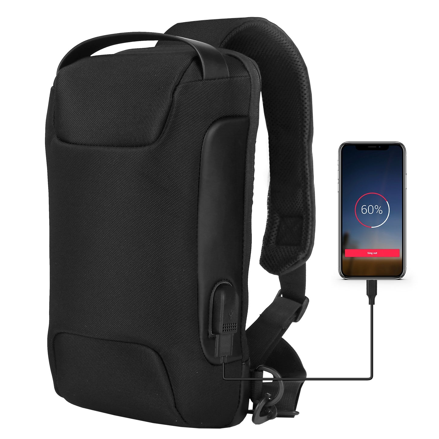 title:Men\'s Sling Backpack Waterproof Anti-theft Shoulder Crossbody Chest Bag Messenger Sling Bag Daypack w/ USB Charging Port;color:Black