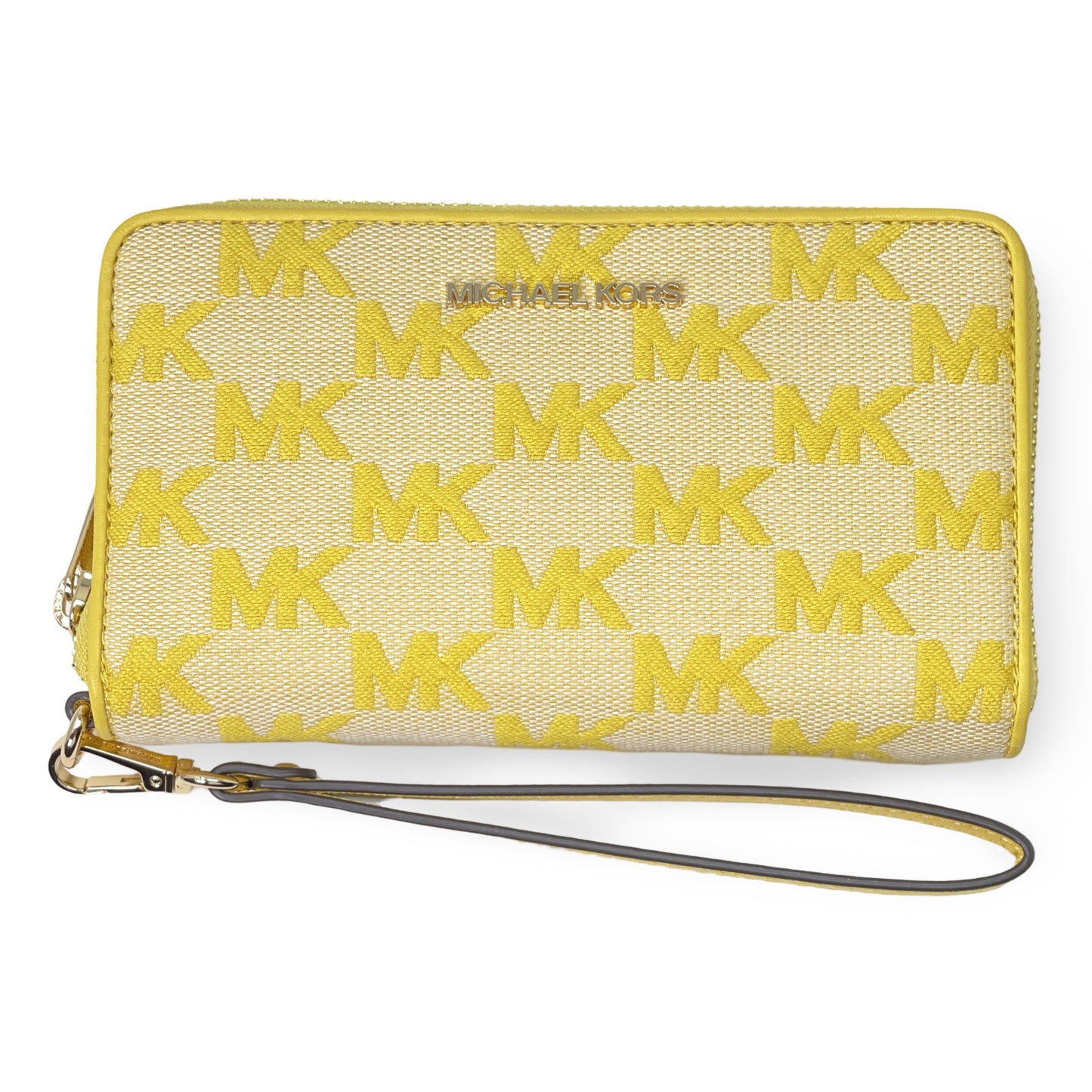 title:Michael Kors Women's Jet Set Travel Logo Jacquard Phone Wallet;color:Golden Yellow