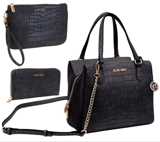 title:Ellen Tracy Croco Satchel Handbag & Zip Around Wallet & Wristlet Pouch Set;color:BLACK-001