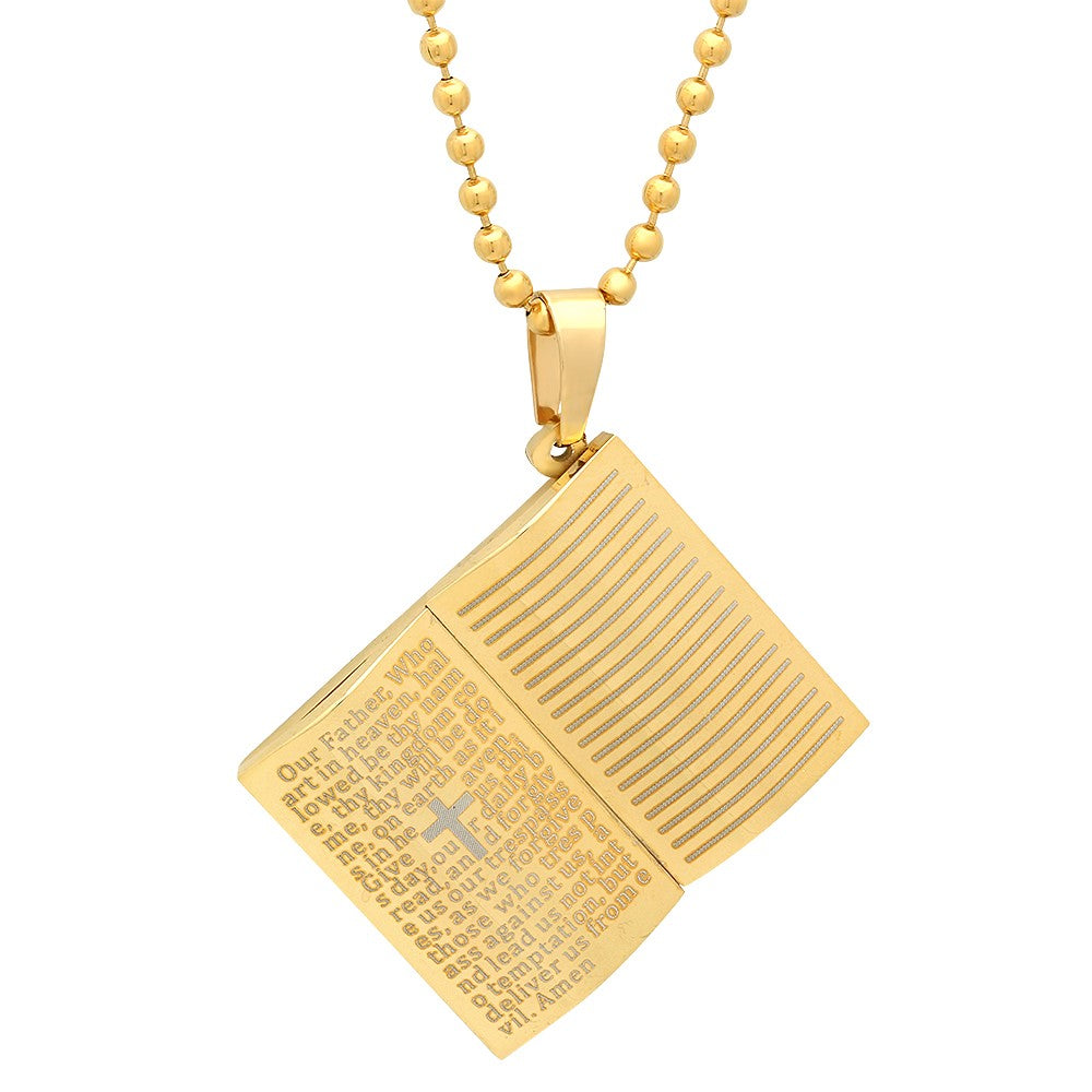 title:SteelTime Women's Stainless Steel Our Father Prayer Book Pendant;color:Gold