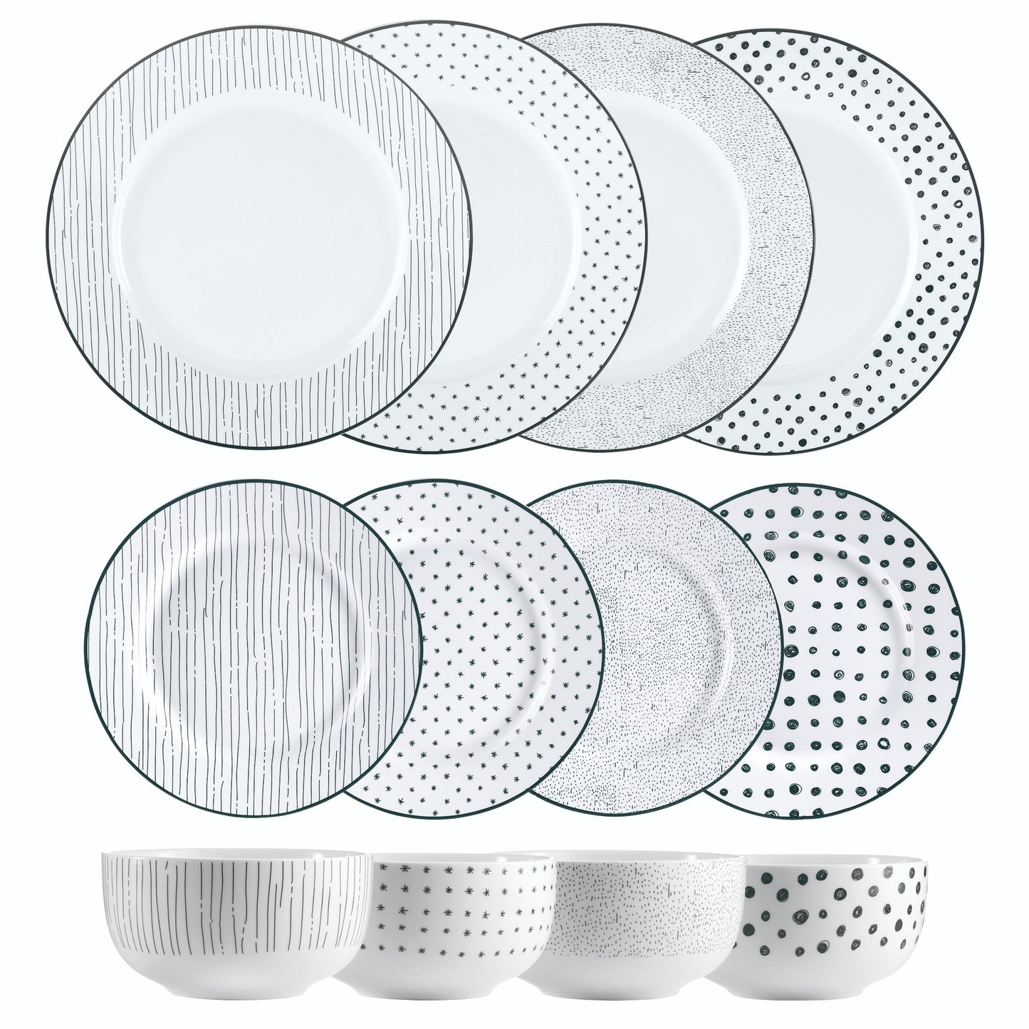 Safdie & Co. Dinnerware Set 12Piece Black & White Sketch, Service for 4