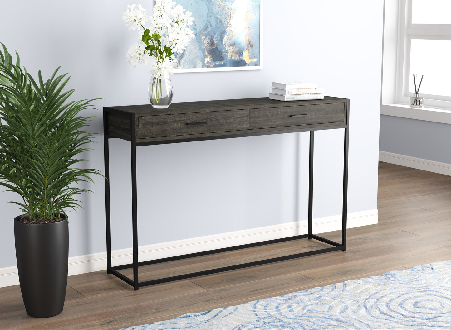 Safdie & Co. Console Table 48L Dark Grey Wood 2 Drawers Black Metal