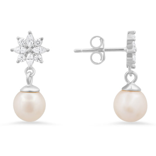 Sterling Silver Dangling Floral CZ & Pearl Stud Earrings - Ruumur