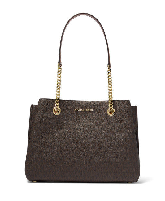 title:Michael Kors Women's Brown & Acorn Teagen Signature Long Drop Satchel;color:Brown / Acorn