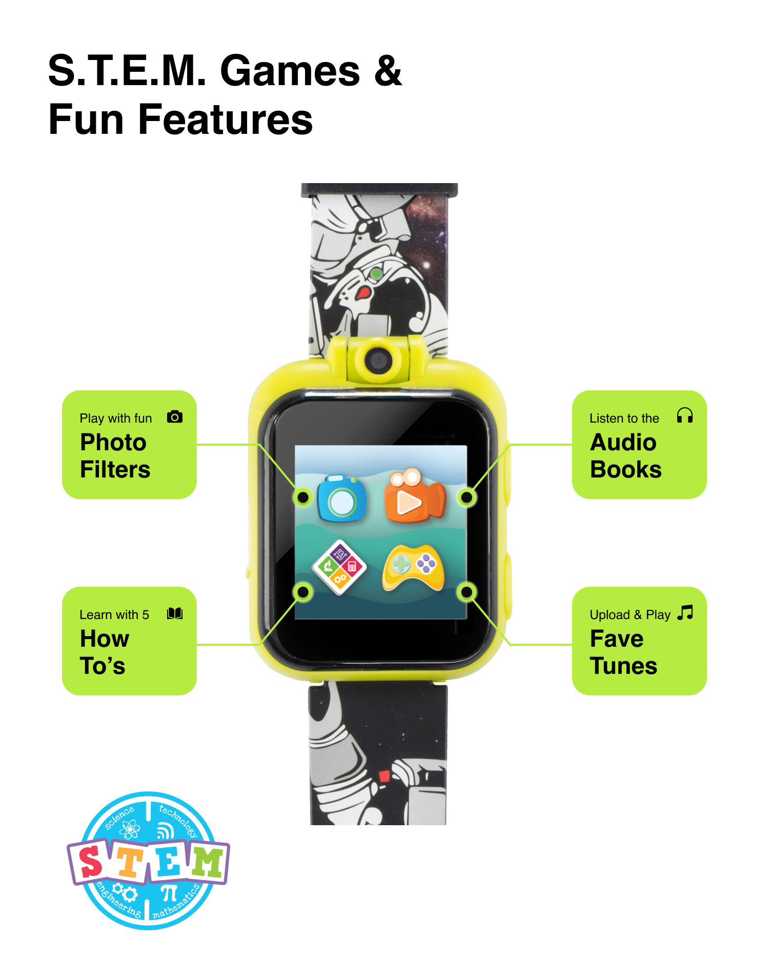 PlayZoom 2 Kids Smartwatch: Astronaut Outerspace Print in Black affordable smart watch