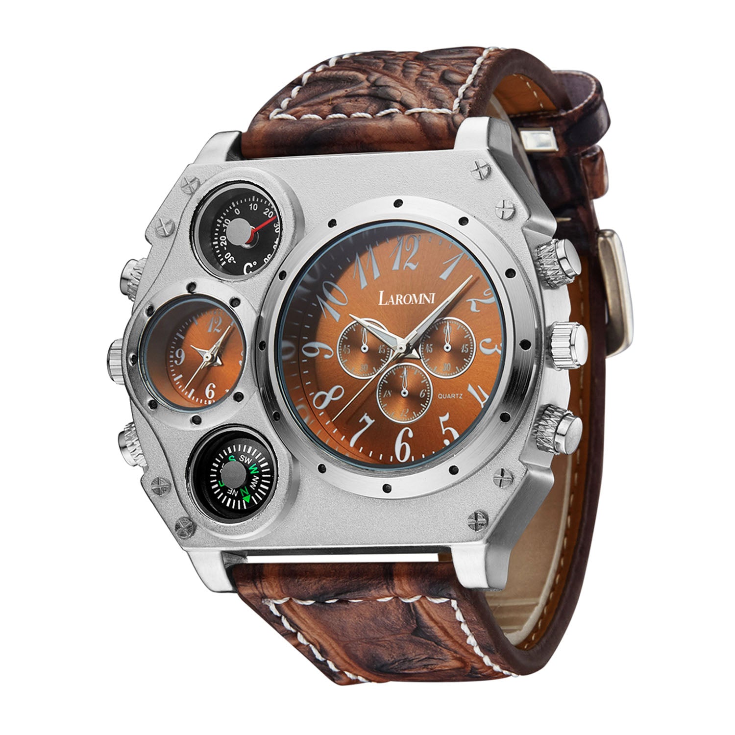 title:Men’s Quartz Watch Two Time Zone Big Face Military Style Compass Thermometer Decorative Dial PU Leather Strap;color:Brown