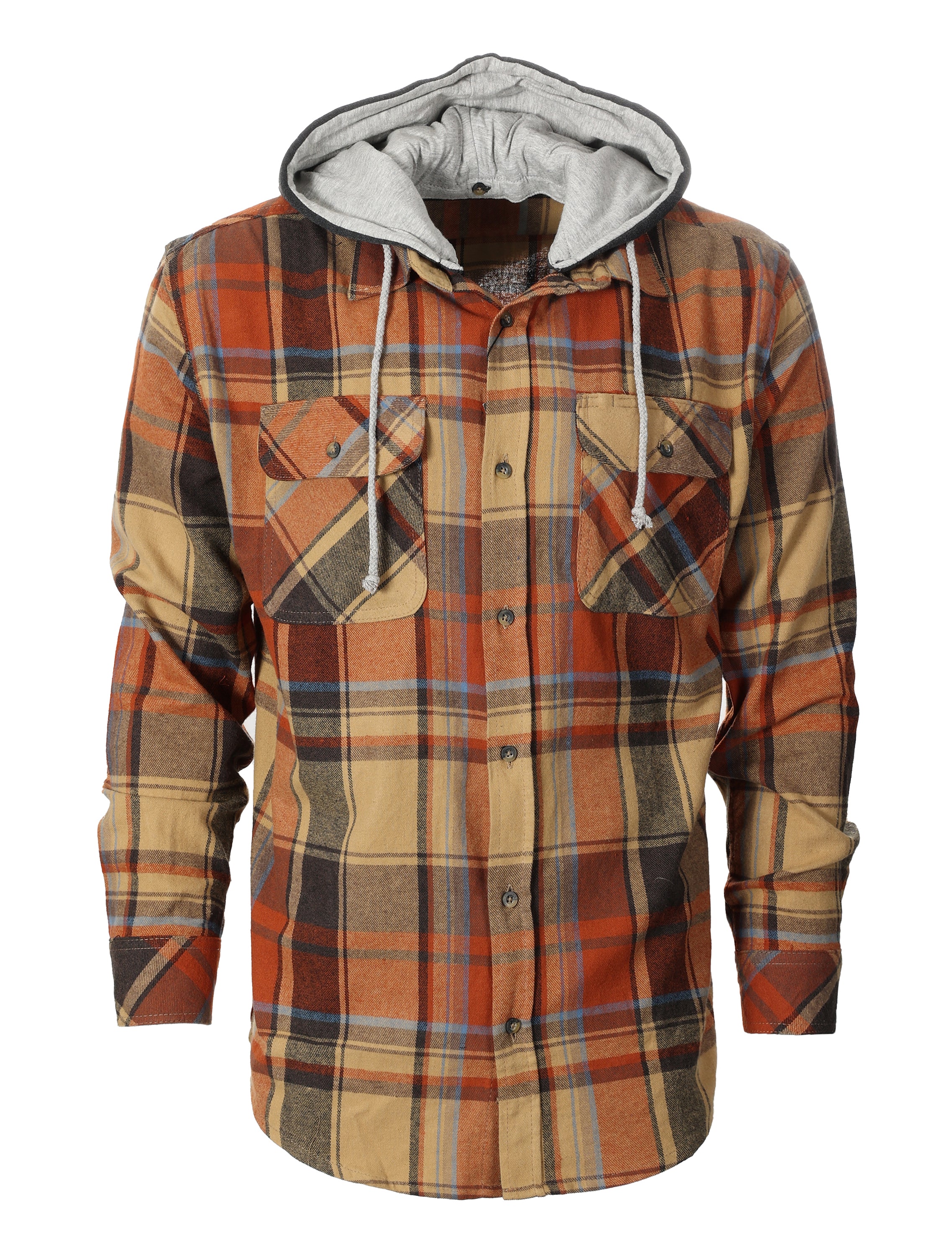 title:Gioberti Men's Khaki / Umber Removable Hoodie Plaid Checkered Flannel Button Down Shirt;color:Khaki / Umber