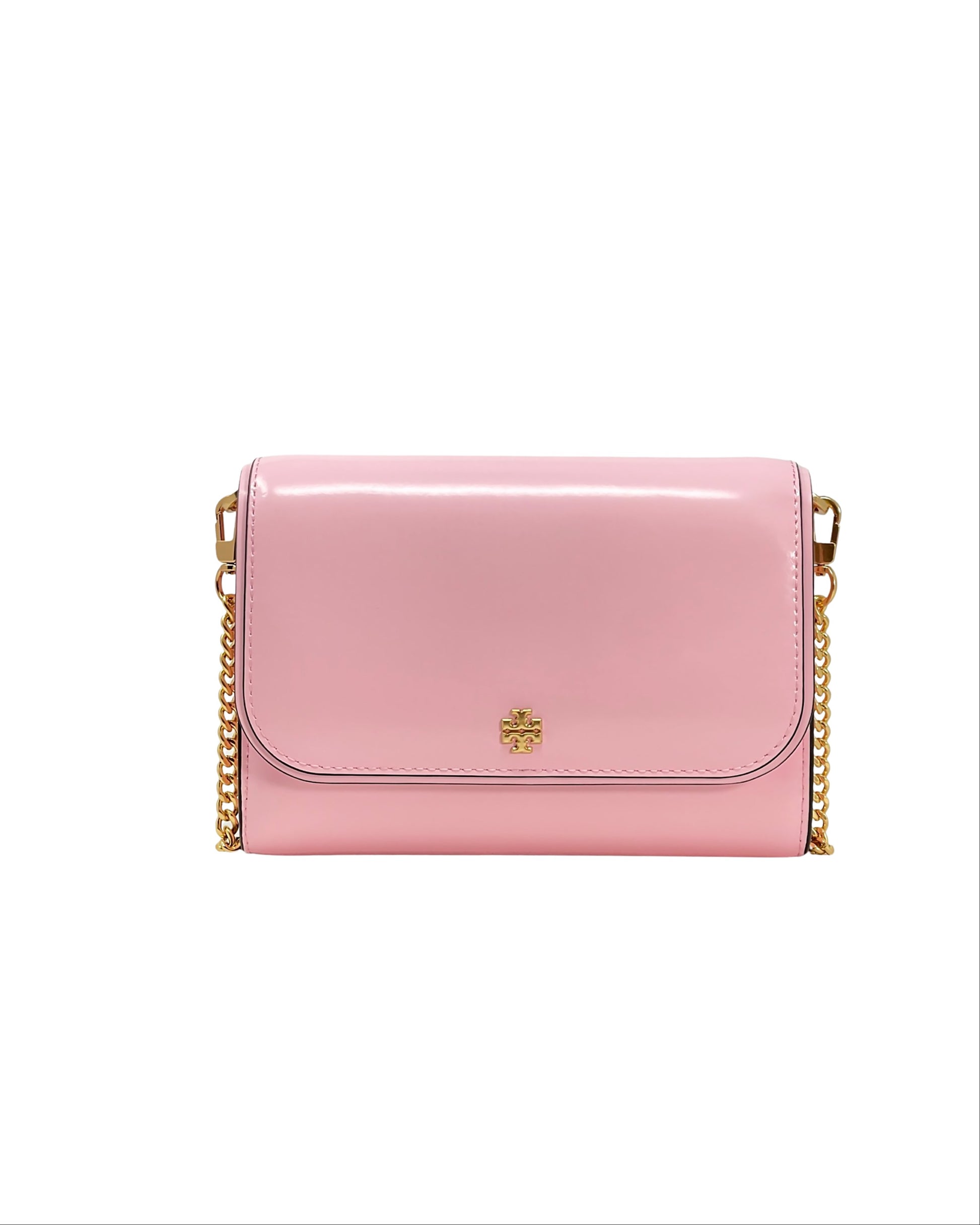 title:Tory Burch Pink Plie Emerson Patent Chain Wallet;color:Pink Plie