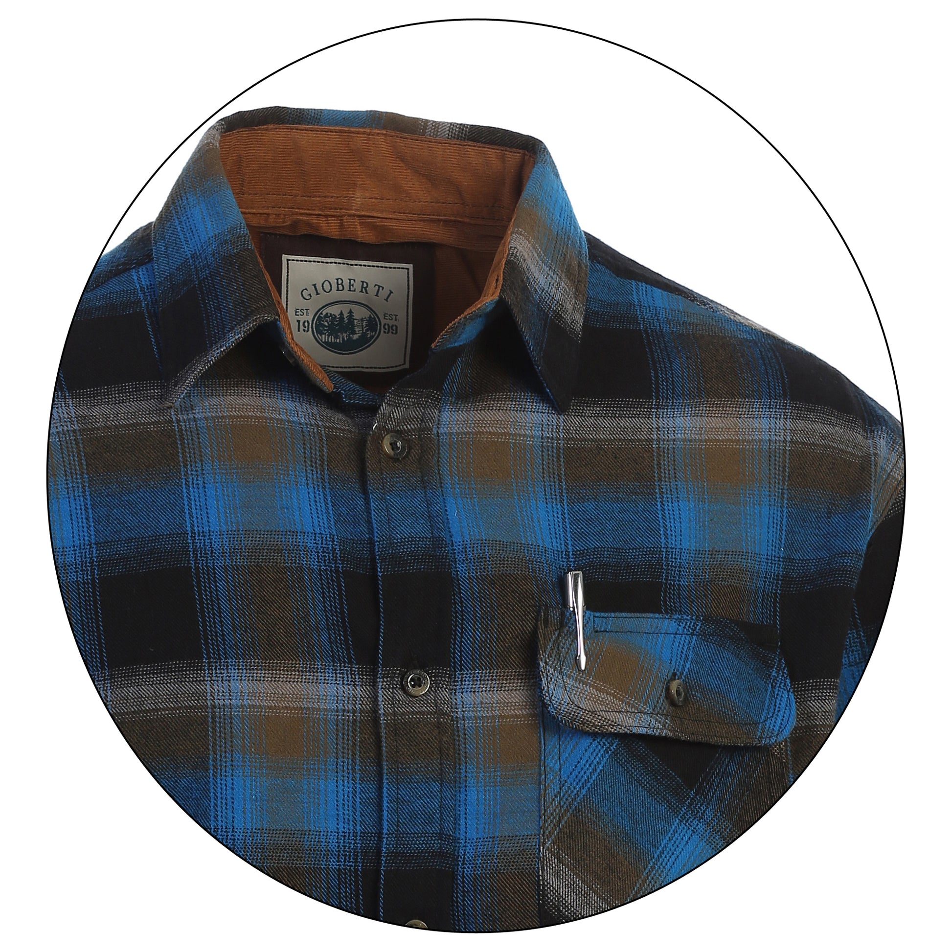 title:Gioberti Men's Night Blue 100% Cotton Brushed Flannel Plaid Checkered Shirt with Corduroy Contrast;color:Night Blue