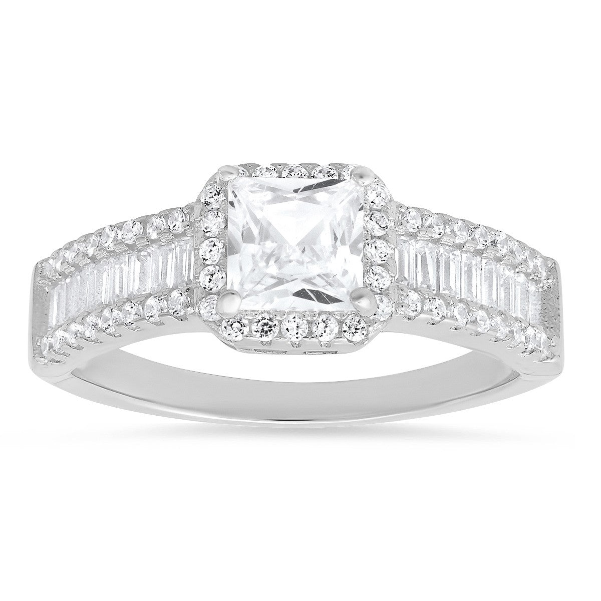 Sterling Silver Princess & Baguette-cut CZ Halo Ring