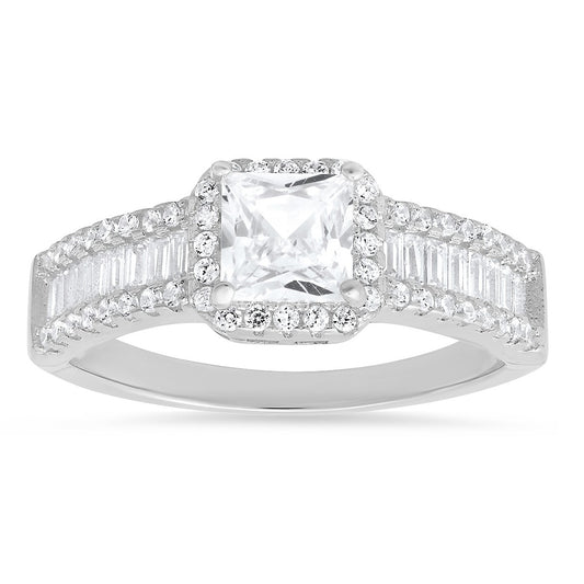 Sterling Silver Princess & Baguette-cut CZ Halo Ring