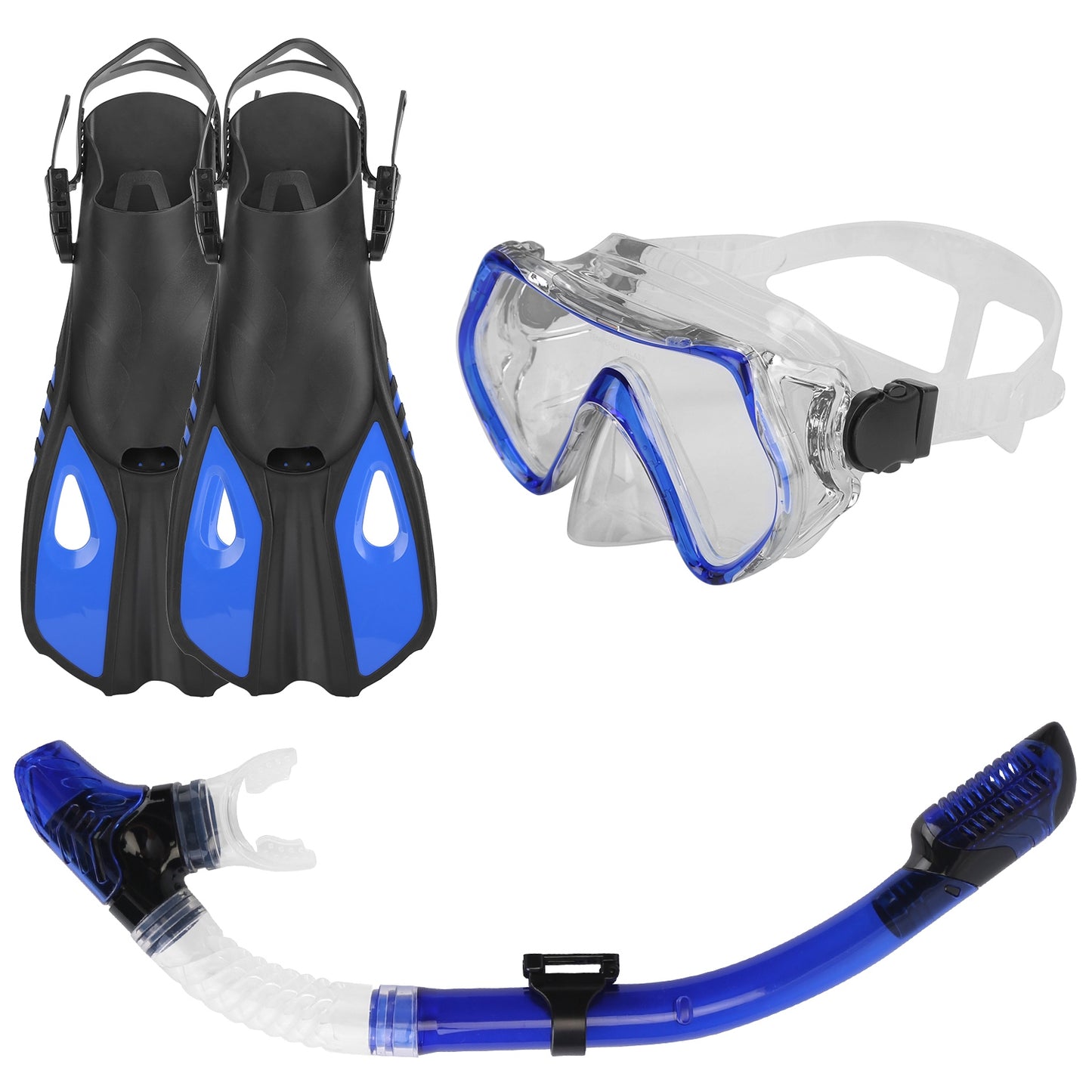 title:Snorkeling Gear Mask Fin Snorkel Set with Diving Mask Dry Top Snorkel Adjustable Swim Fins for Swimming Snorkeling Travel Diving;color:Blue