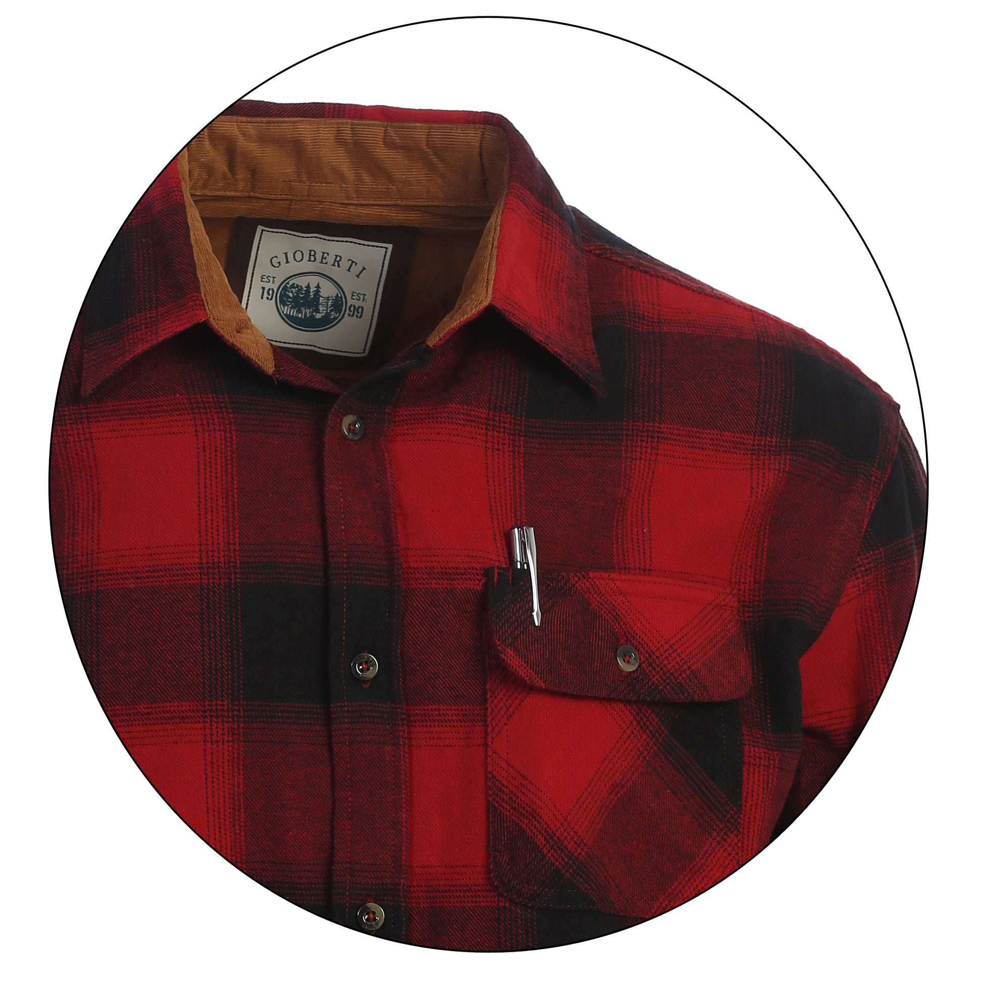 title:Gioberti Men's Black / Red Gradient 100% Cotton Brushed Flannel Plaid Checkered Shirt with Corduroy Contrast;color:Black / Red Gradient