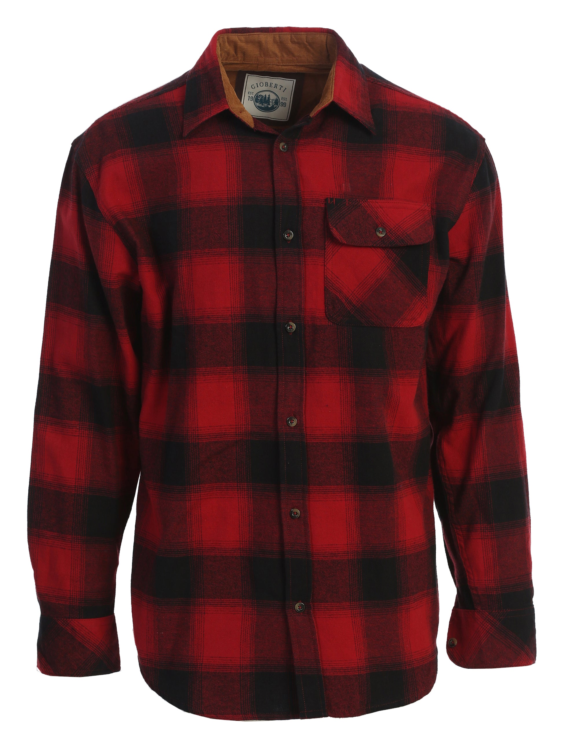 title:Gioberti Men's Black / Red Gradient 100% Cotton Brushed Flannel Plaid Checkered Shirt with Corduroy Contrast;color:Black / Red Gradient