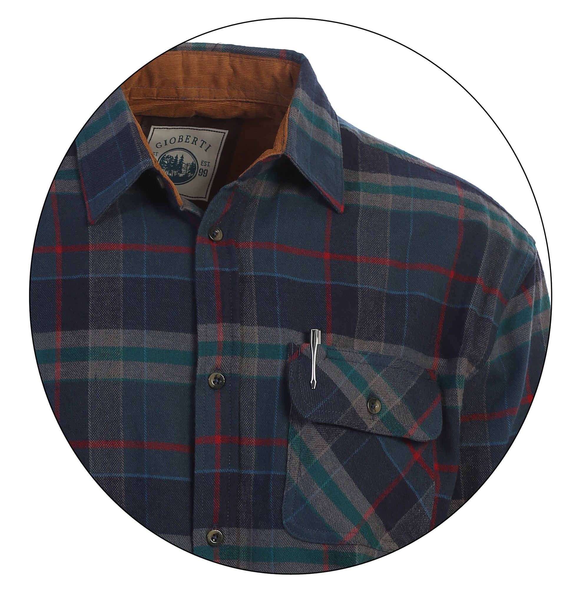 title:Gioberti Men's Dark Green / Red Highlight 100% Cotton Brushed Flannel Plaid Checkered Shirt with Corduroy Contrast;color:Dark Green / Red Highlight