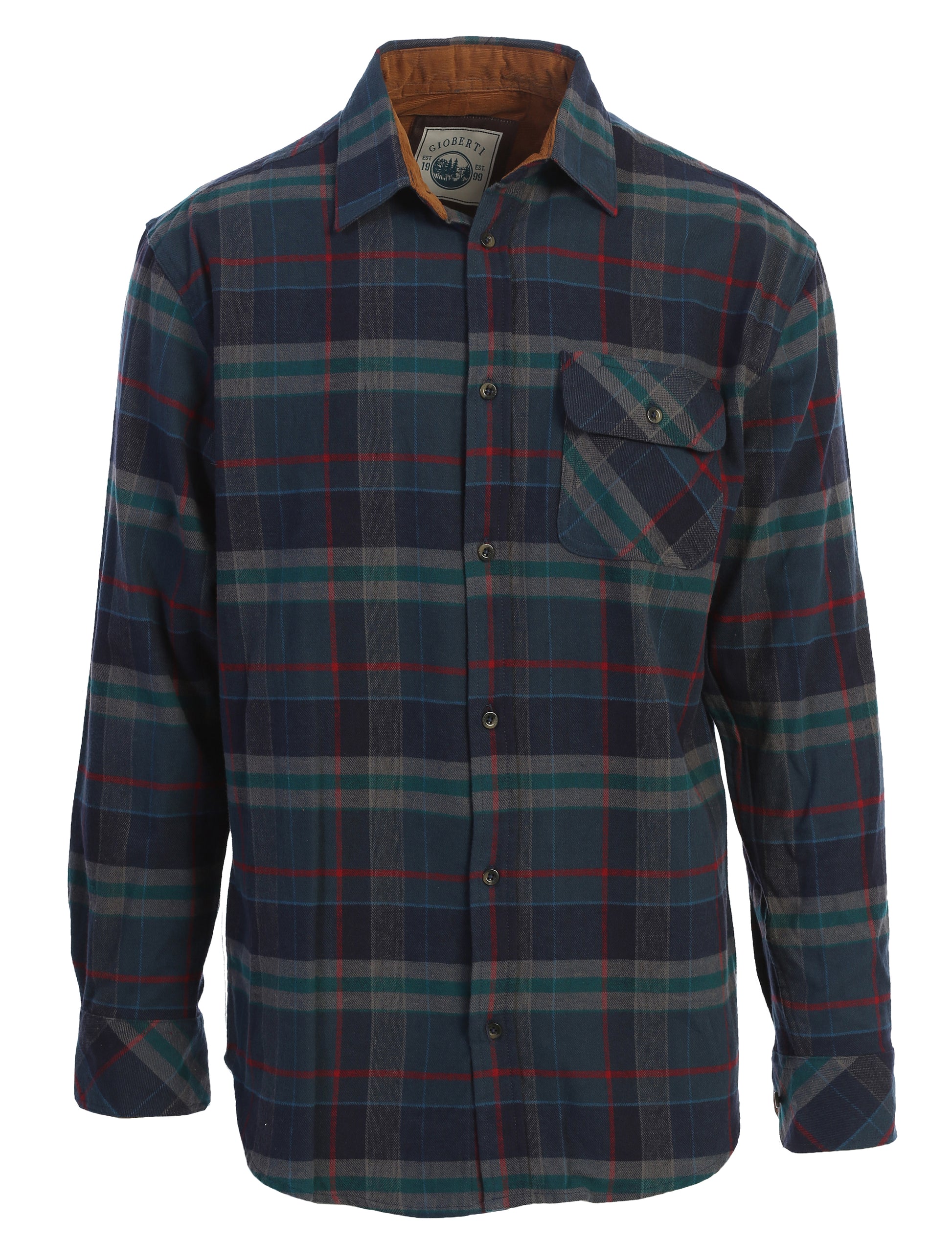 title:Gioberti Men's Dark Green / Red Highlight 100% Cotton Brushed Flannel Plaid Checkered Shirt with Corduroy Contrast;color:Dark Green / Red Highlight