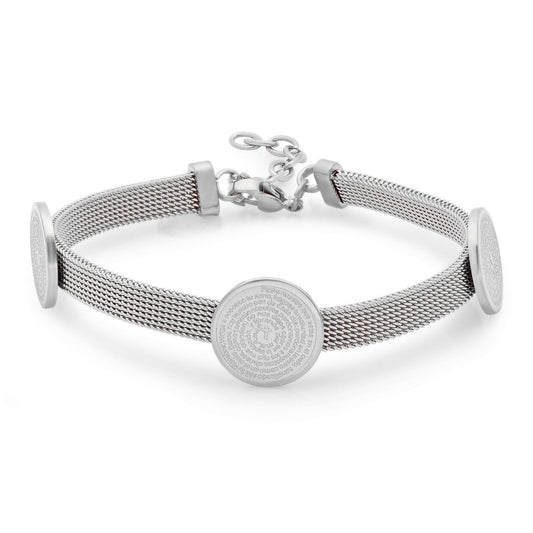 title:SteelTime Women's Stainless Steel Triple Charm Padre Nuestro Prayer Mesh Bracelet;color:Silver