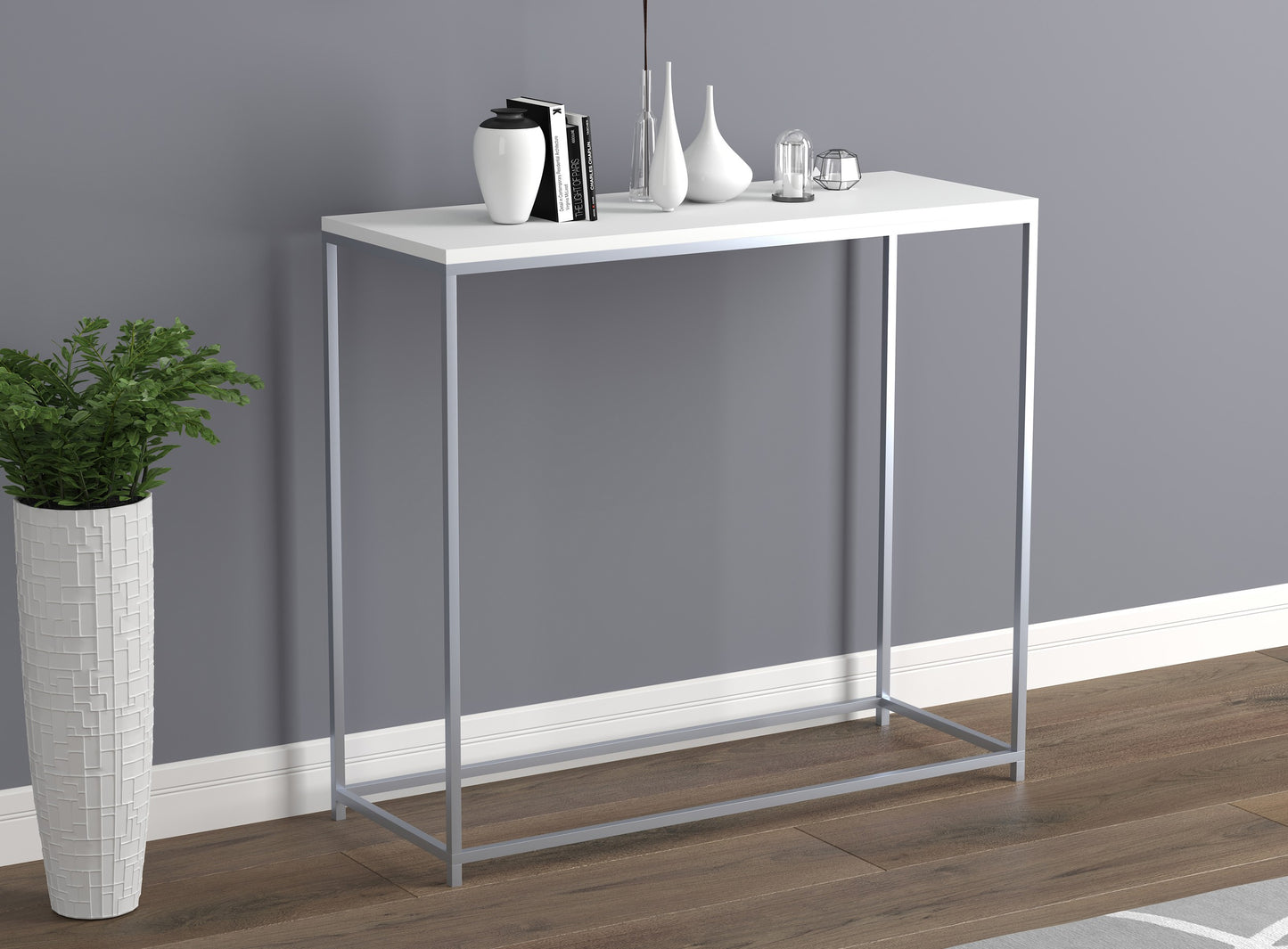 Safdie & Co. Console Table 31" White Silver Metal, Entryway or Sofa Table for Living Room