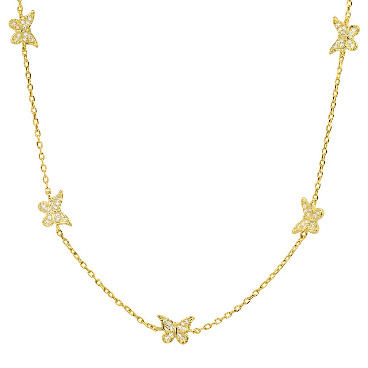 title:Sterling Silver CZ Butterfly Station Necklace;color:Gold