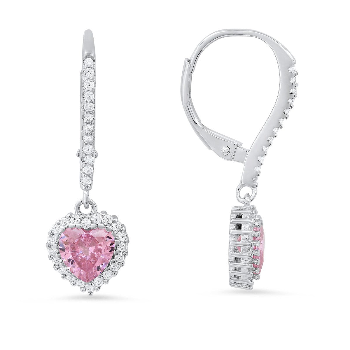 Sterling Silver Heart-cut Birthstone CZ Halo Leverback Earrings - Ruumur