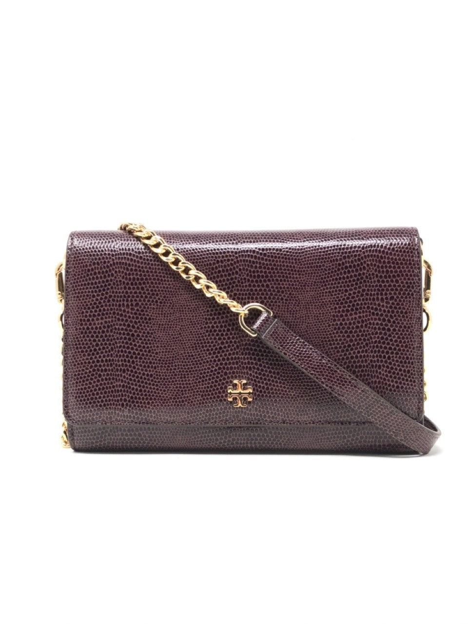 title:Tory Burch Night Shade Emerson Embossed Lizard Chain Wallet;color:Night Shade