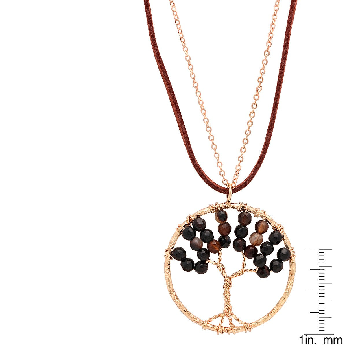 SteelTime Women's Brass Black Agate Tree Of Life Necklace With Brown Velvet