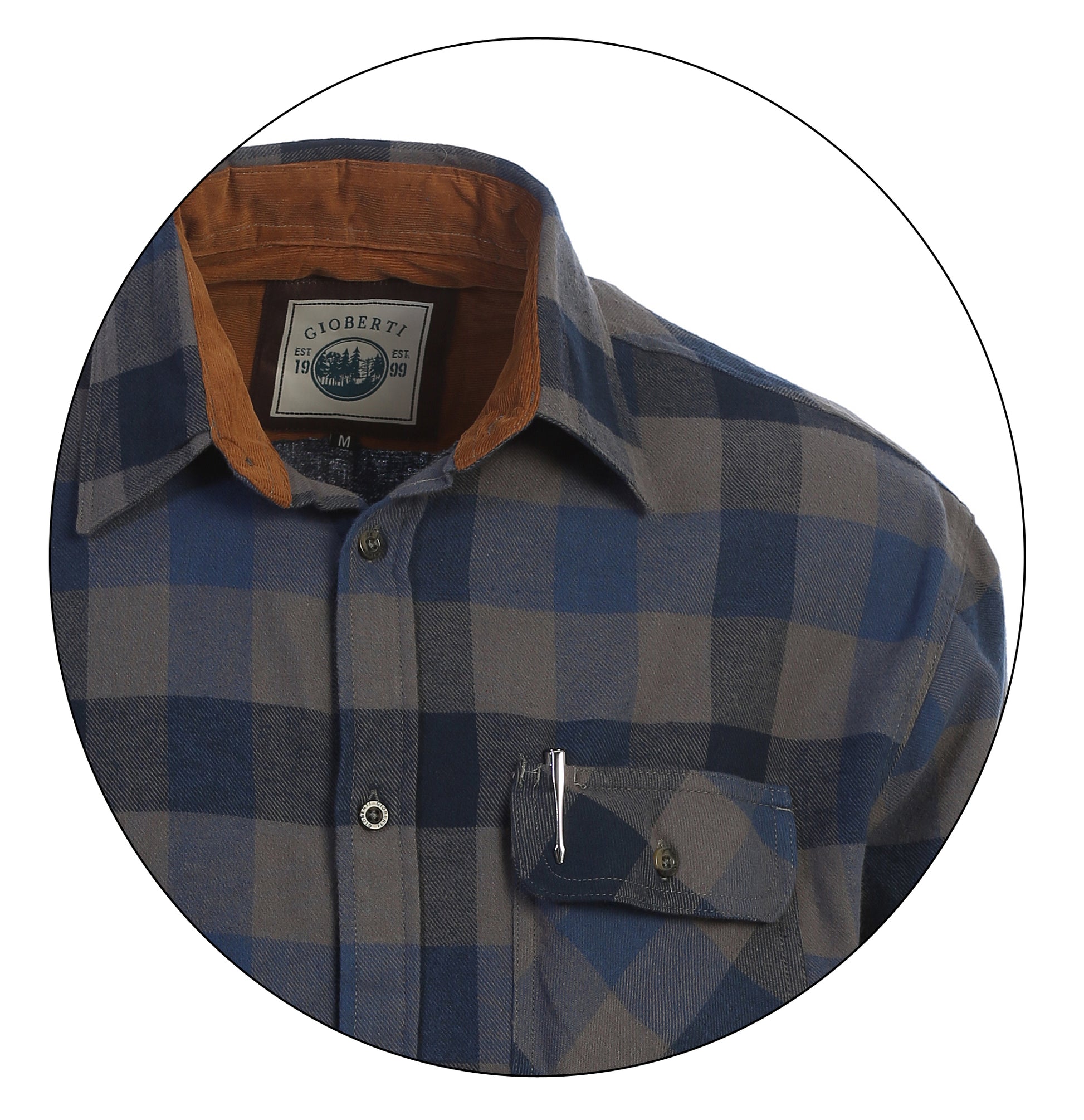 title:Gioberti Men's Dark Blue / Gray 100% Cotton Brushed Flannel Plaid Checkered Shirt with Corduroy Contrast;color:Dark Blue / Gray