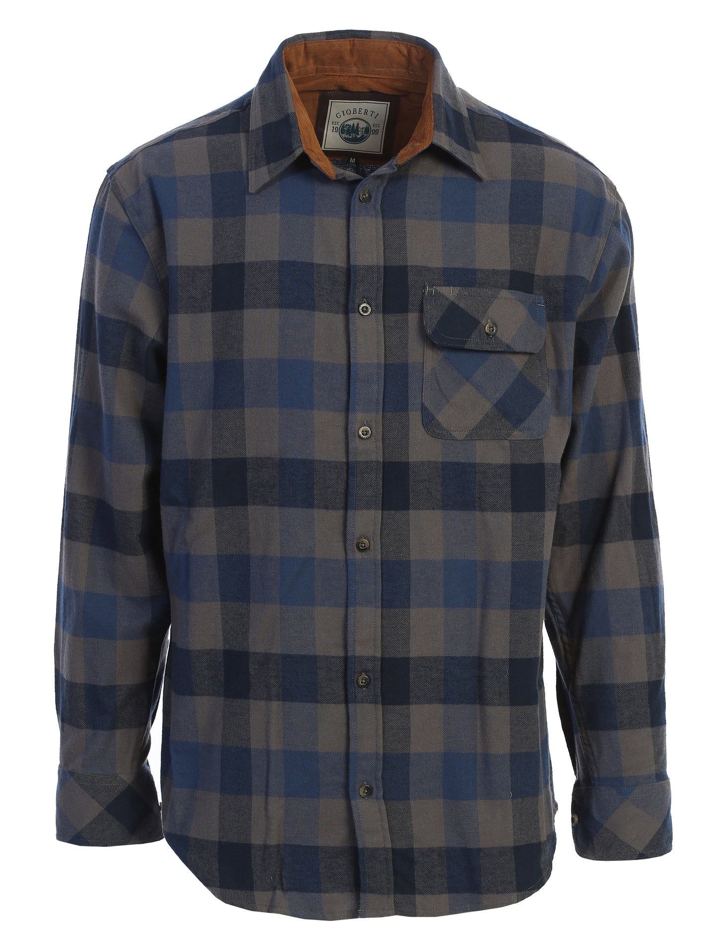 title:Gioberti Men's Dark Blue / Gray 100% Cotton Brushed Flannel Plaid Checkered Shirt with Corduroy Contrast;color:Dark Blue / Gray