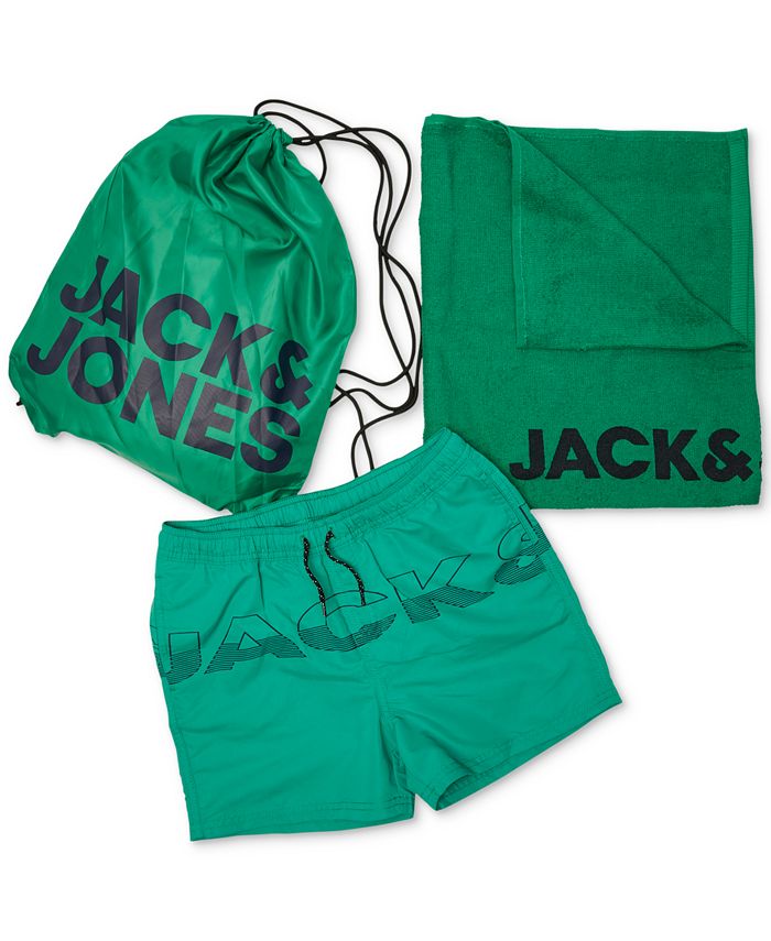 Jack & Jones Men's 3 Pc Swim Trunks Towel & Drawstring Beach Bag Set Green Size Large