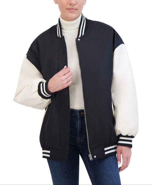 Hudson Jeans Women's Oversized Varsity Jacket With Vegan Leather Sleeves