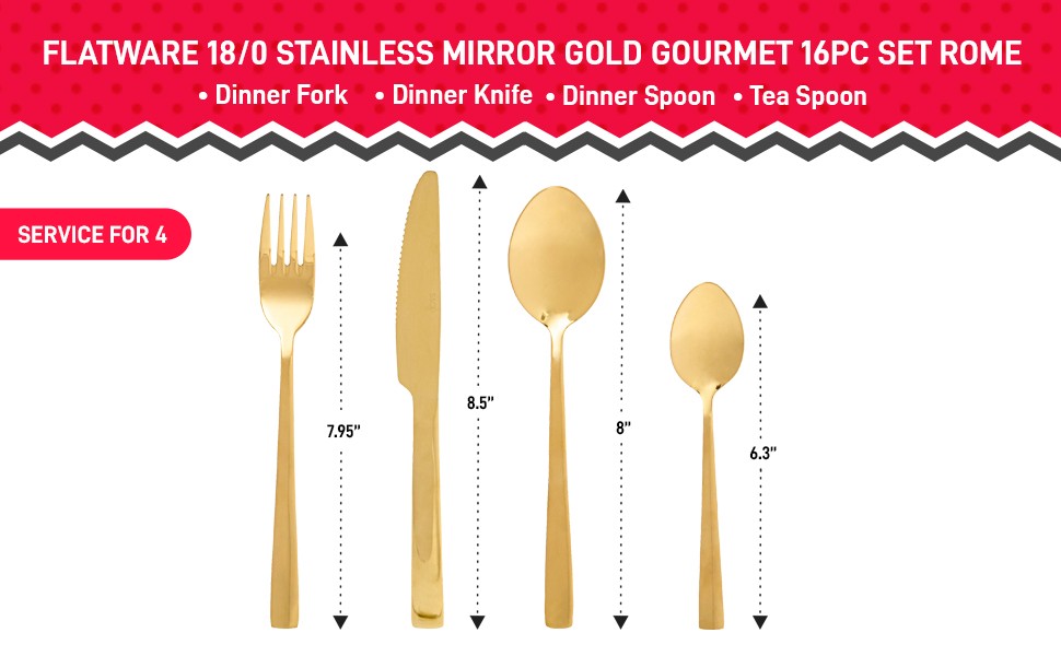 Safdie & Co. Silverware Flatware Cutlery Stainless Steel Mirror Gold Gourmet 16 piece Set Rome