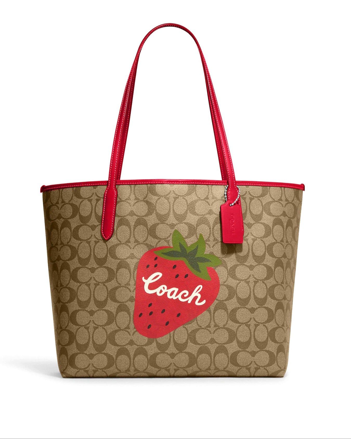 title:Coach Women's Khaki & Electric Red City Tote In Signature Canvas With Wild Strawberry;color:Khaki / Electric Red