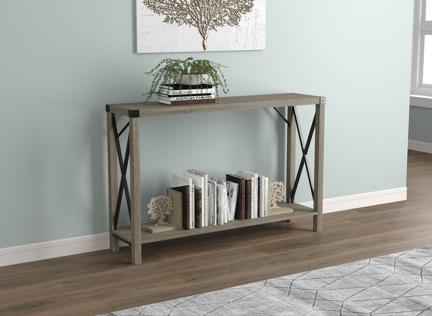 Safdie & Co. Console Table 46" Dark Taupe 1 Shelf Metal Sides, Entryway or Sofa Table for Living Room