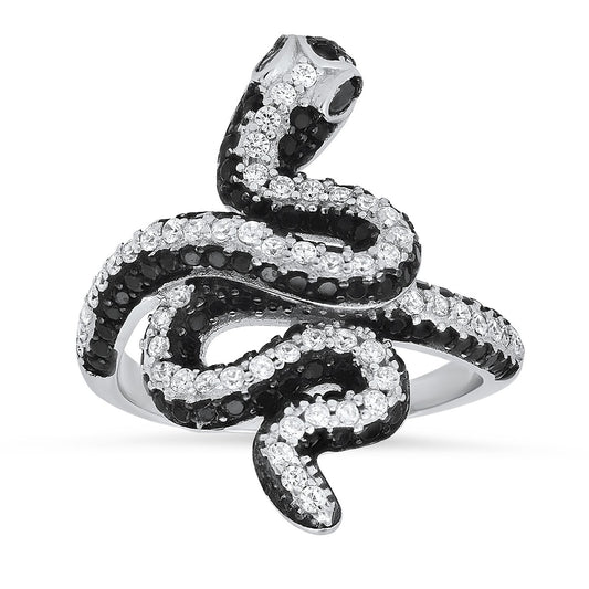 Sterling Silver Two-Tone CZ Snake Ring