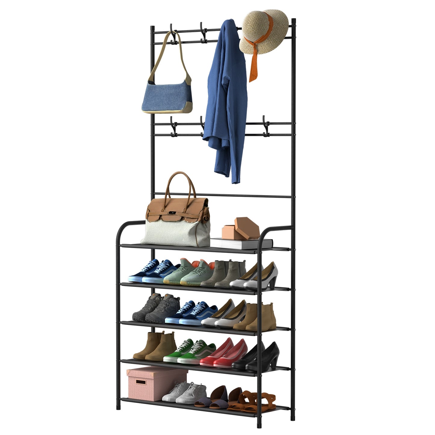 title:Entryway Coat Hat Rack Shoe Storage Shelf 5 Tier Shoe Rack Freestanding Hall Tree Garment Hanger Stand Clothes Shoe Organizer Combo;color:Black