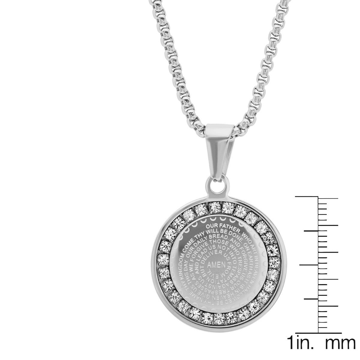 SteelTime SteelTime Women's Stainless Steel Our Father Prayer Round Pendant With Simulated Diamonds