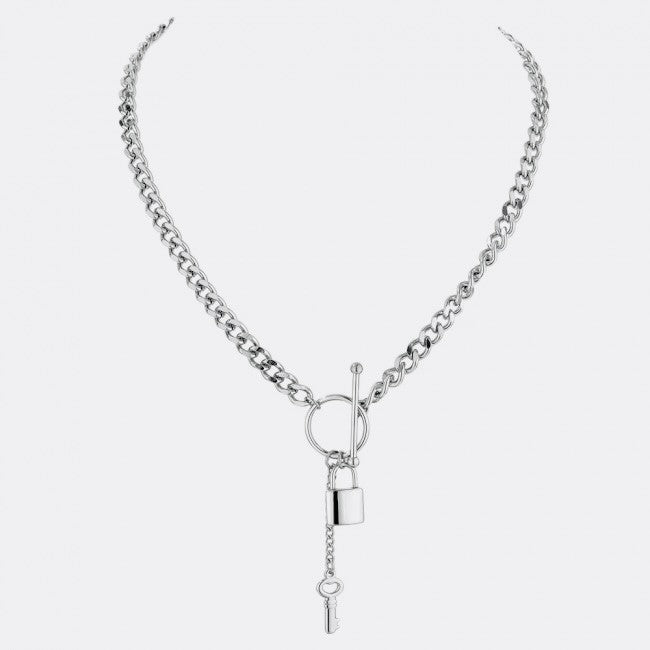 title:Padlock & Key Statement Necklace with Front Toggle Closure;color:Silver