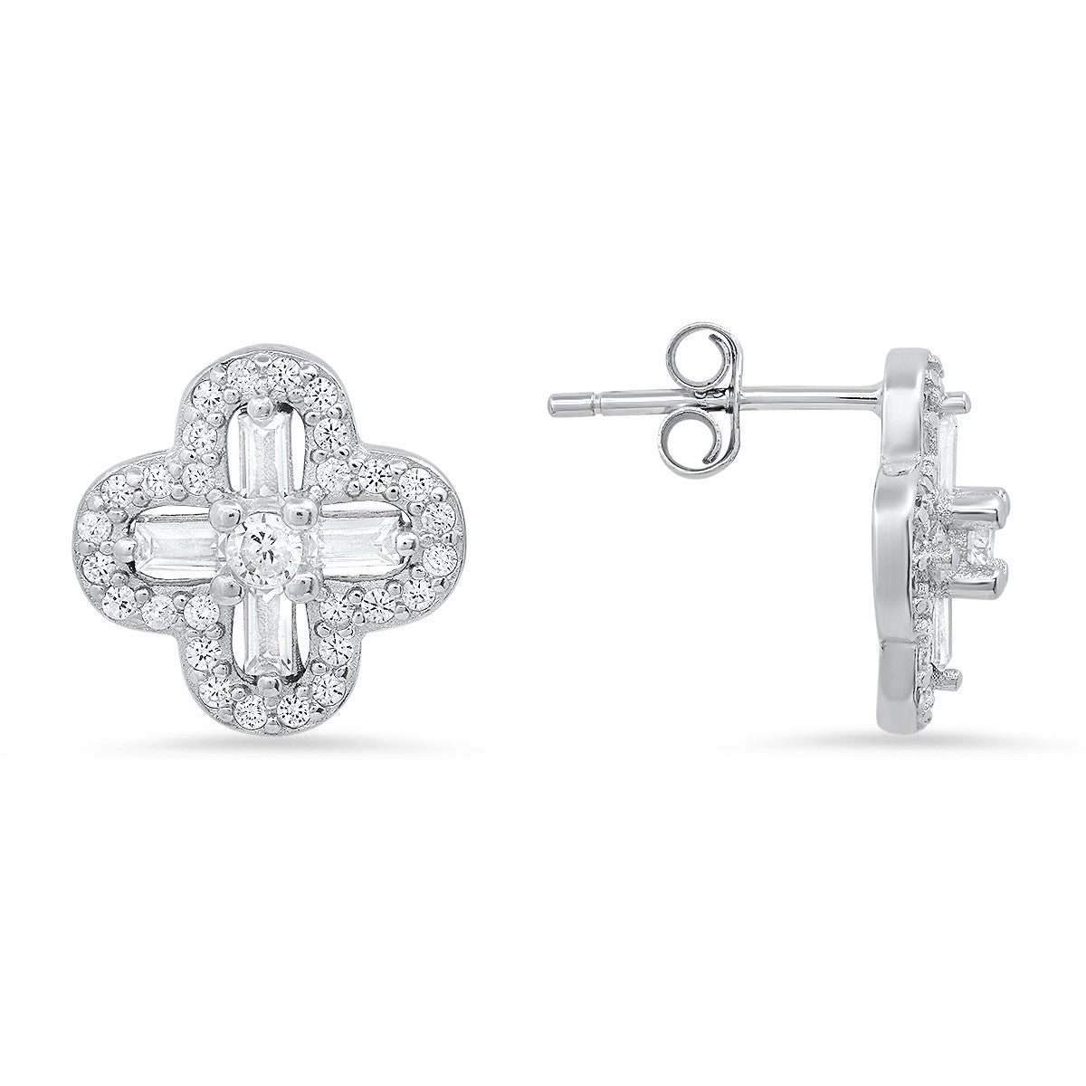 title:Sterling Silver Baguette-cut Clover CZ Stud Earrings;color:not applicable