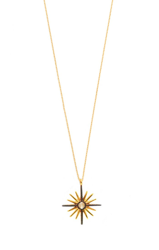 title:Two Tone Starburst Pendant Necklace;color:Gold/BLK