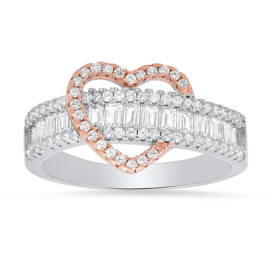 Sterling Silver Two-Tone Baguette Heart CZ Ring