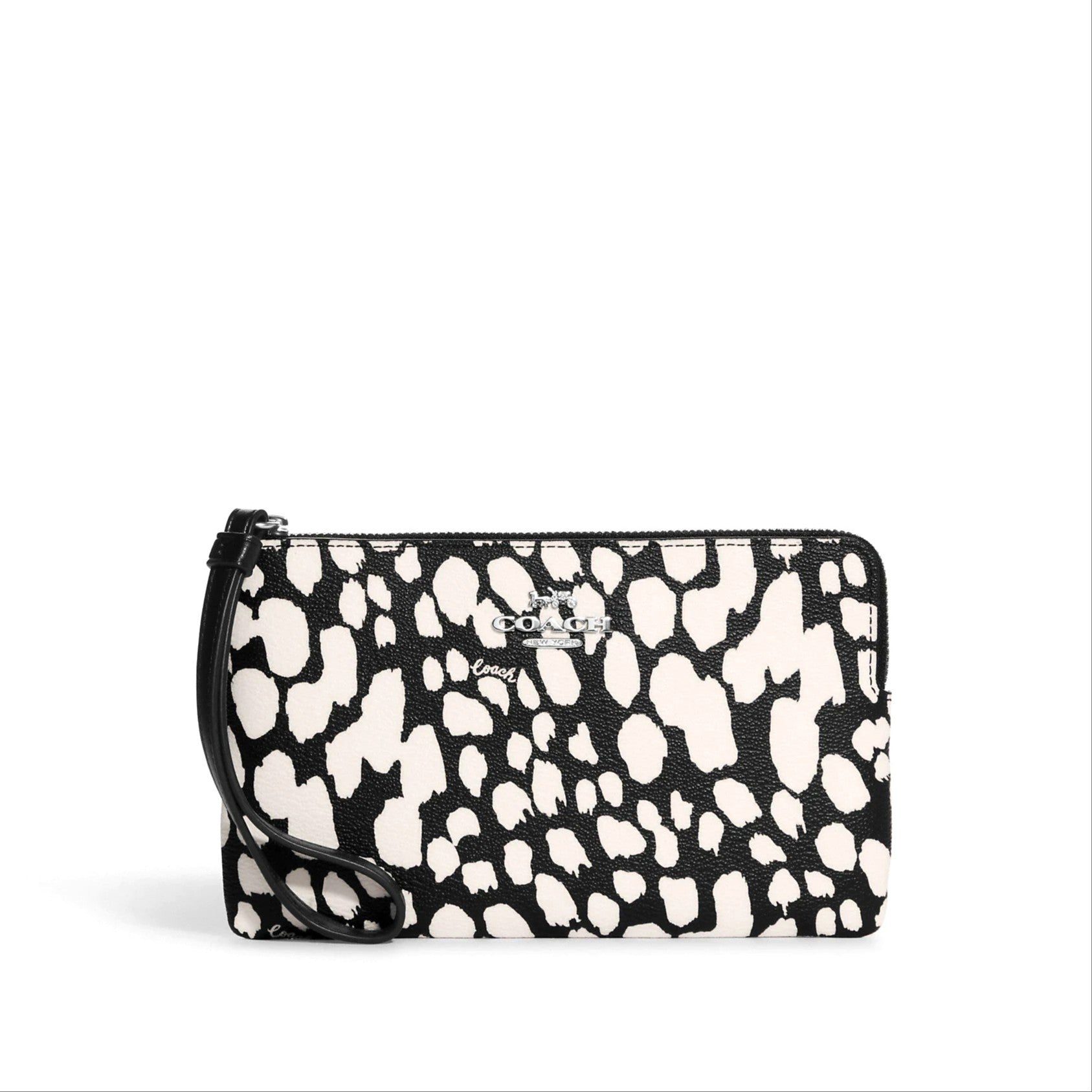 title:Coach Women's Black & Chalk Multi Large Corner Zip Wristlet With Spotted Animal Print;color:Black / Chalk Multi