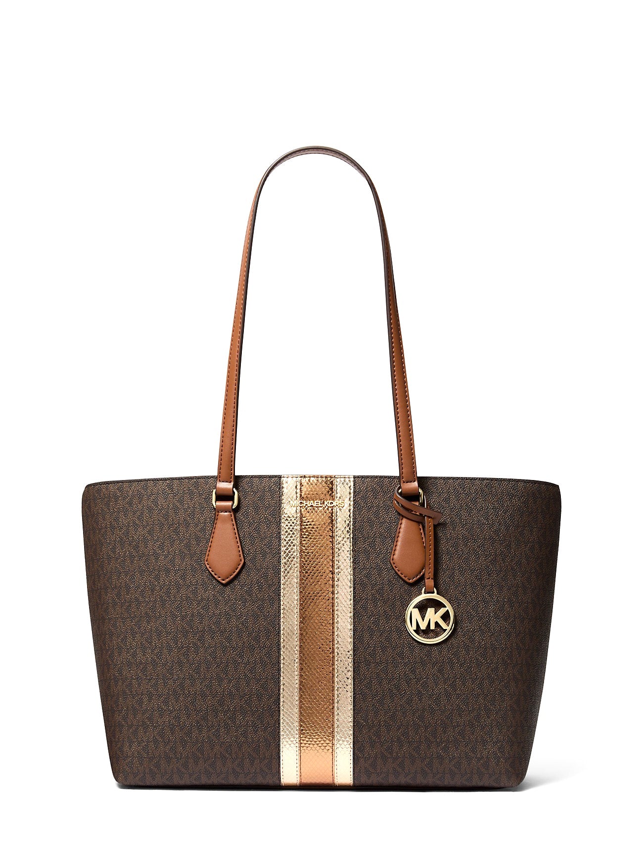 title:Michael Kors Women's 	
Sheila Large Signature Logo and Metallic Tote Bag;color:Brown